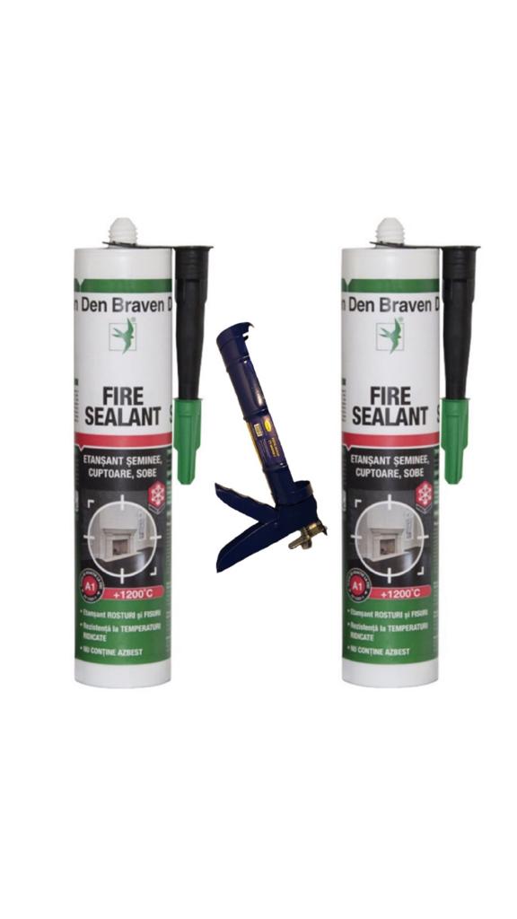 Etansant Den Braven Fire Sealant, negru, rezistent la temperatura, 280 ml x 2 + 1 bucata Pistol silicon din metal, albastru